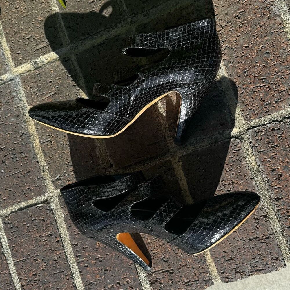 Loeffler‎ Randall Size 10.5 Black Snakeskin Mary Jane Strappy High Heels Shoes - Picture 8 of 10